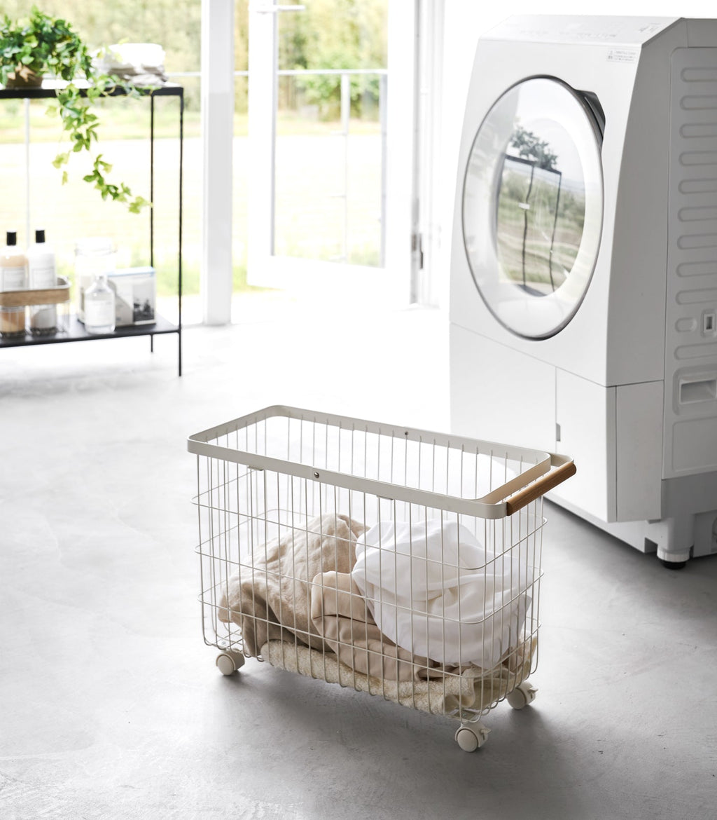 Rolling Wire Basket (15" H)  - Steel + Wood