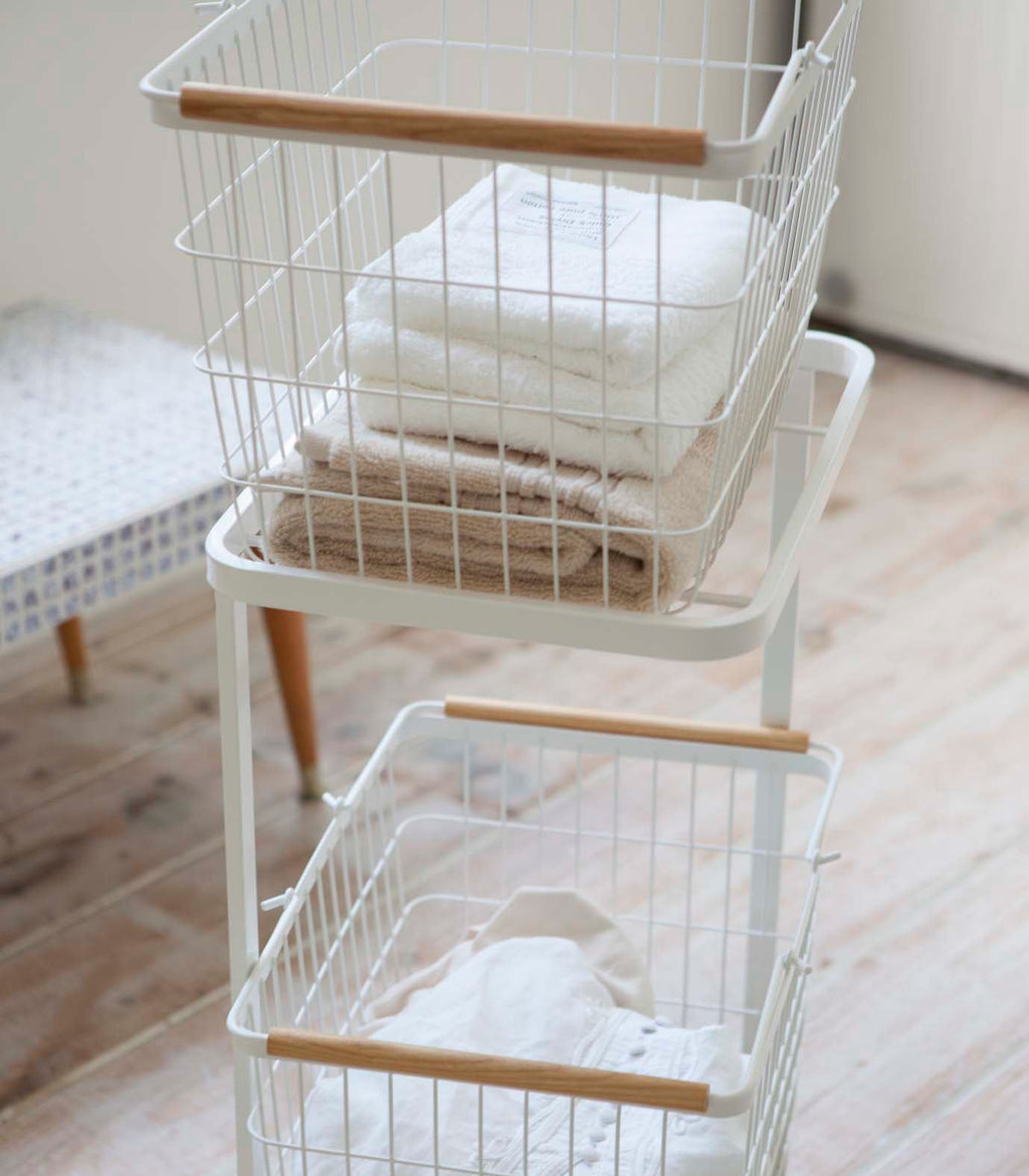 Rolling Laundry Cart + Wire Baskets (38" H)  - Steel + Wood